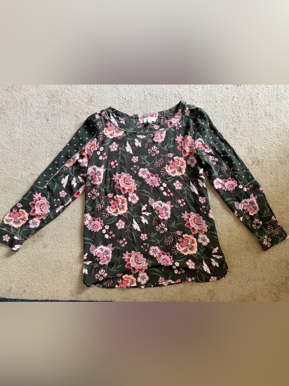 LOFT Olive Green Floral Blouse with Pink Blooms